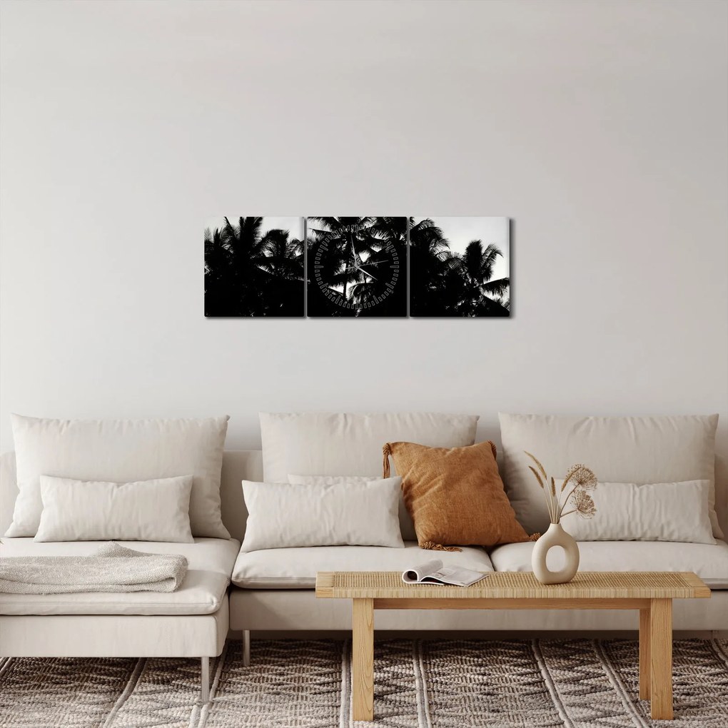 Obraz czarno - biały - palmy (z zegarem) (90x30 cm)