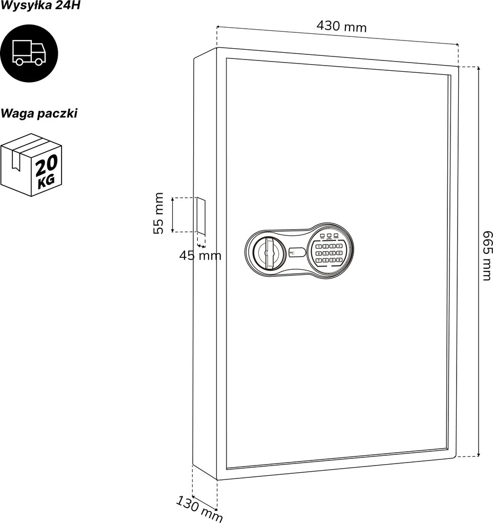 Szafka na klucze elektroniczna z wrzutnią i zamkiem na kod, na 133 klucze, 430x665x130 mm: BRUCE