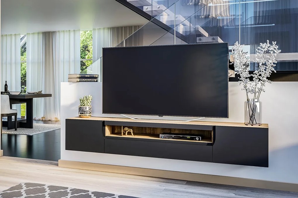 Szafka RTV wisząca Loftia 200 cm dwudrzwiowa z wnęką - artisan / czarny mat