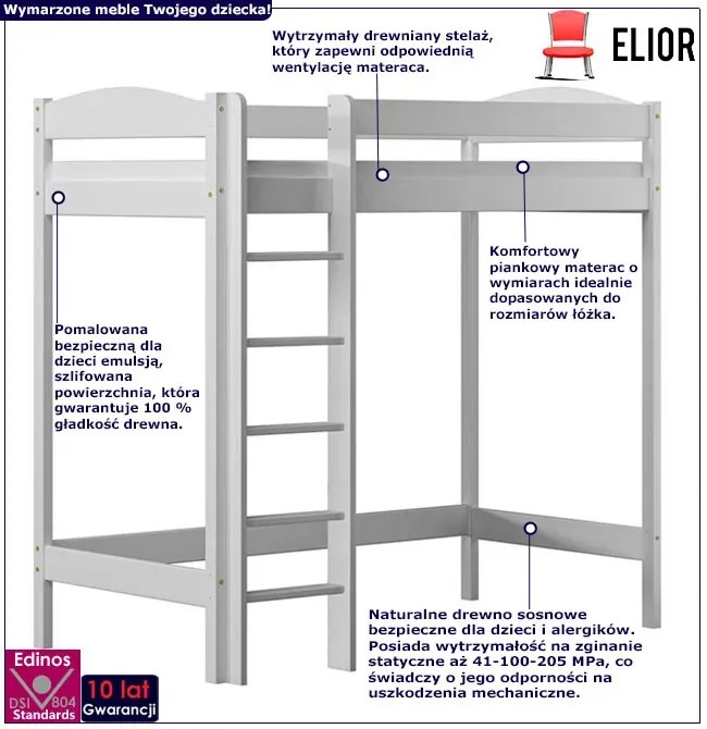 Białe dziecięce łóżko piętrowe pojedyncze 80x180 L1-H61