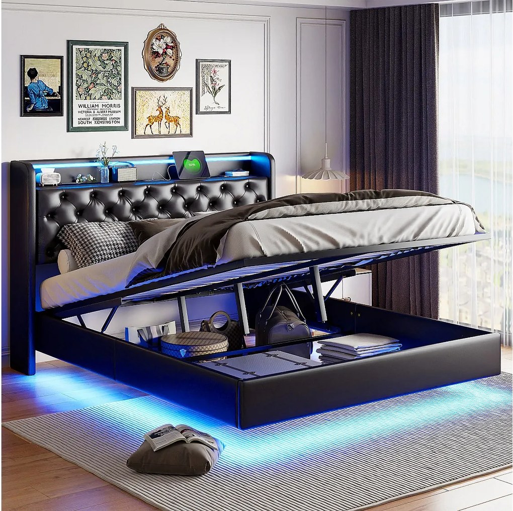 Łóżko wiszące 140x200 cm ze zintegrowaną przestrzenią do przechowywania – zagłówek z podświetleniem LED –czarnego – gniazda USB i elektryczne