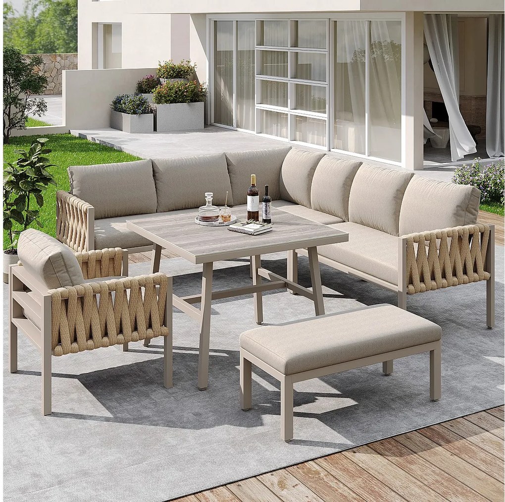 Zestaw mebli ogrodowych modułowych z ocynkowanego żelaza dla 8 osób: 1 sofa 4-osobowa + 1 sofa 2-osobowa + 1 fotel i 1 ławka - 1 stolik kawowy - Beżowy