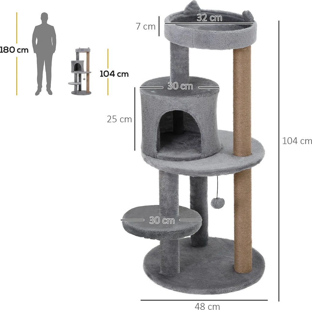 PawHut 4-piętrowy drapak dla kota z jaskinią domek piłki do gry pluszowy szary 48x48x104 cm | Aosom PL