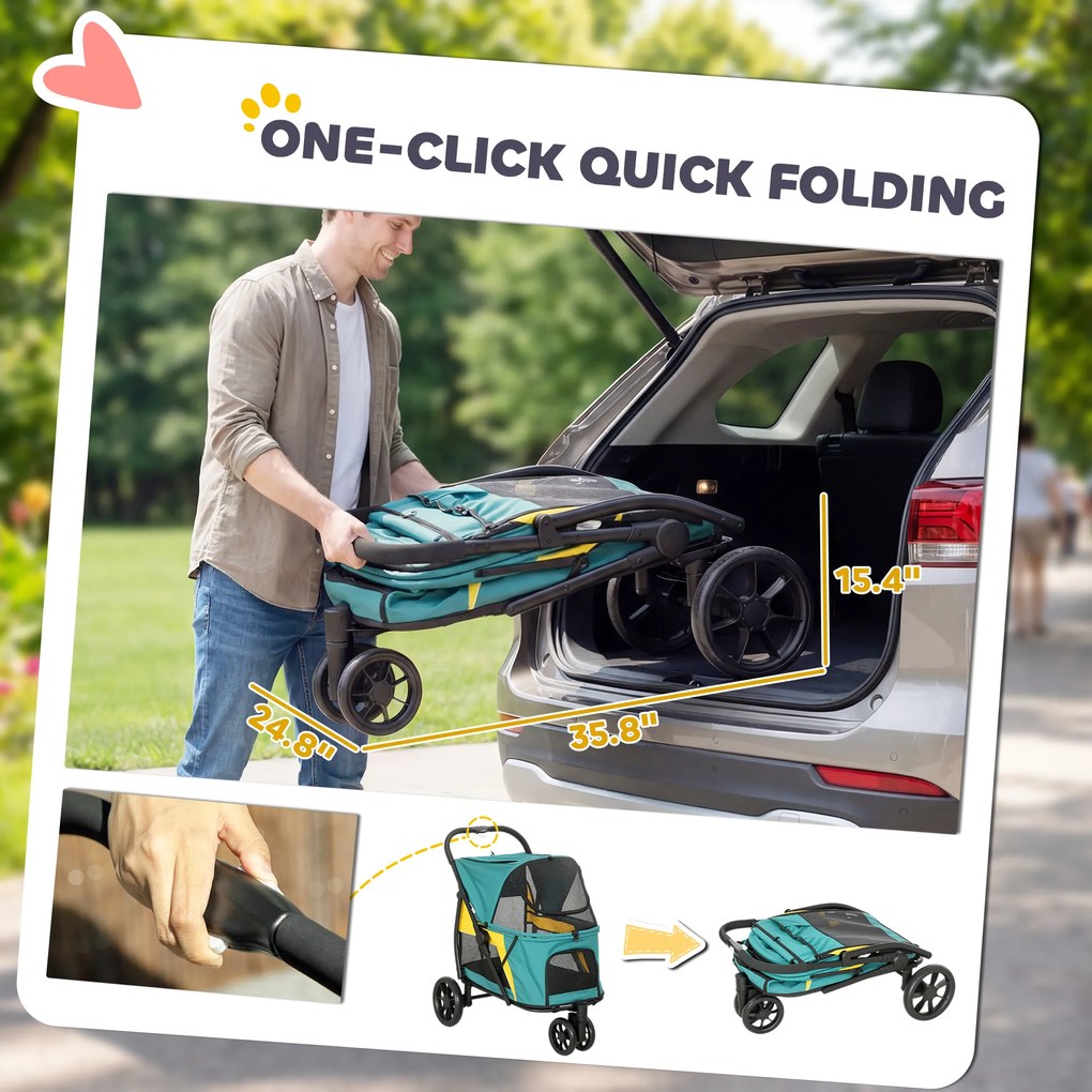 PawHut Składany wózek dla psa do 20 kg z poduszką, oknami z siatki, kieszenią tylną, 92 x 63 x 95 cm, ciemnozielony | Aosom PL