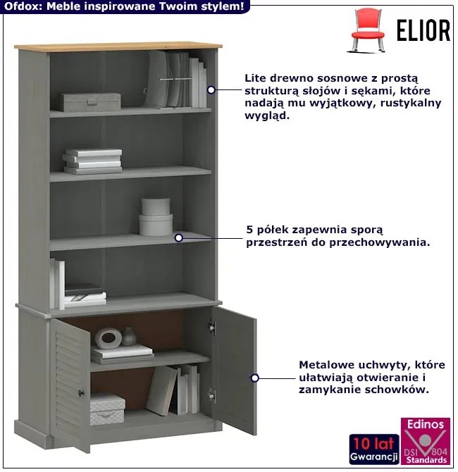 Sosnowy szary regał z otwartymi półkami D1 L8-H33