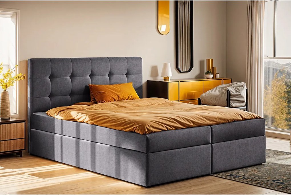 Łóżko kontynentalne z materacem i pojemnikiem LUDANO, tkanina Noel, Ciemnoszary, 120x200 cm, H2-Pocket