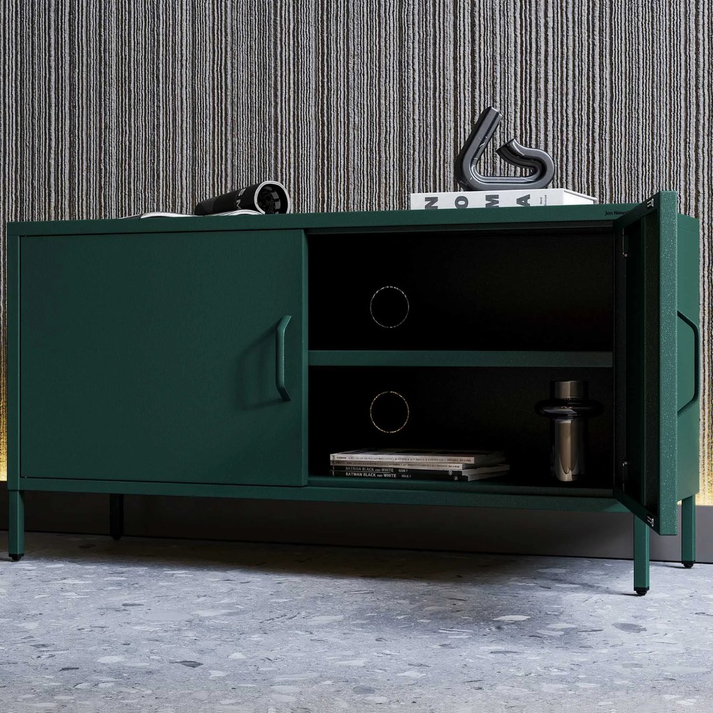 Szafka RTV metalowa na nóżkach butelkowa zieleń Modern ROSA, 1150 x 595 x 400 mm