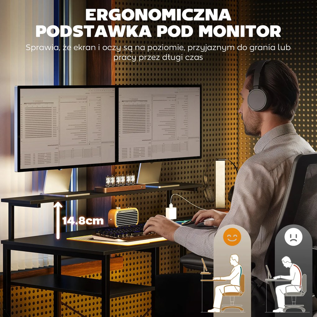 HOMCOM Biurko narożne L-kształtne z ładowarką, komputer stół narożny z podstawką pod monitor i półkami, do domowego biura, czarne