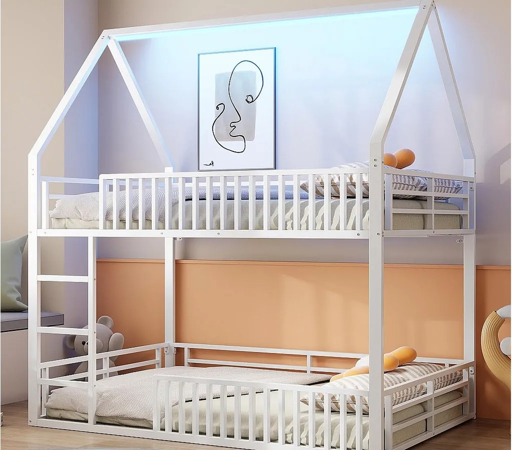 Łóżko piętrowe dla dzieci 140×200 cm - design w kształcie domku - z barierką i oświetleniem LED - białe (bez materaca)