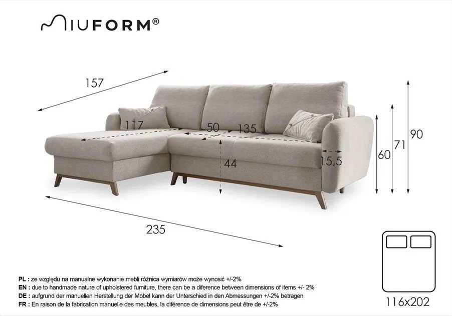 Jasnoszary narożnik rozkładany Miuform Scandic Lagom, lewostronny