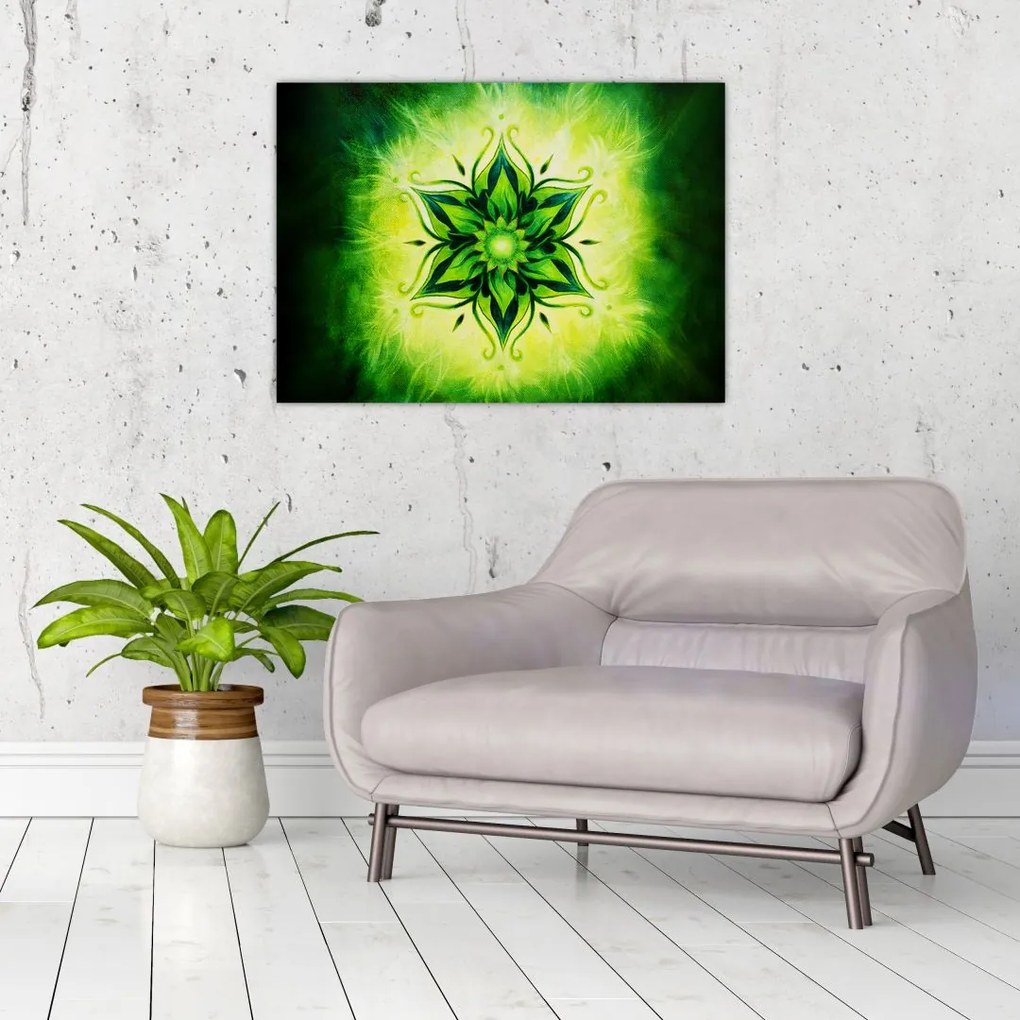 Obraz na szkle - Kwiatowa mandala na zielonym tle (70x50 cm)
