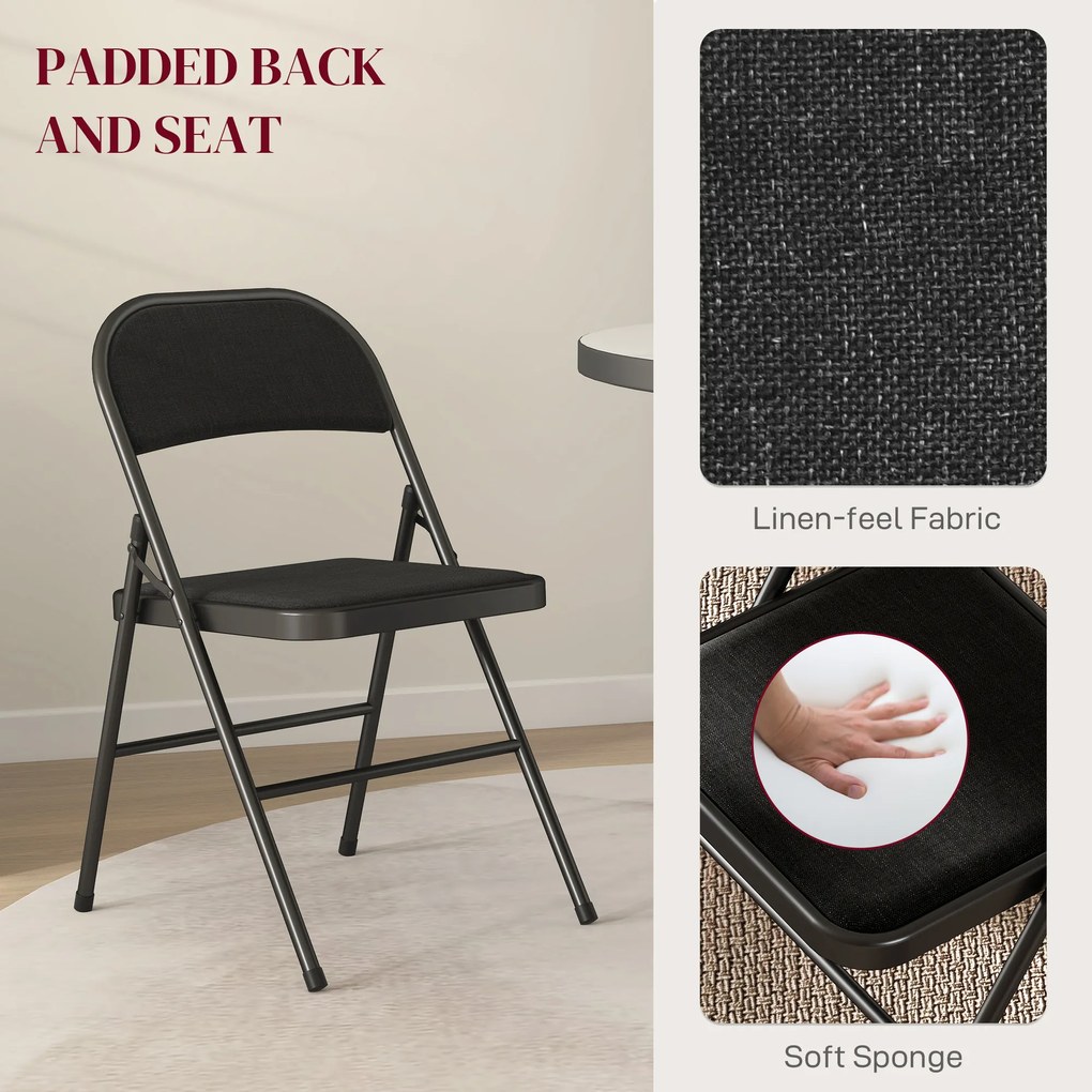 HOMCOM Zestaw 4 Krzeseł Składanych, Przenośne Krzesła Biurowe, Nogi Metalowe, Składane Krzesło dla Biura, Recepcji, Poczekalni, Wygląd Lnu, Czarne