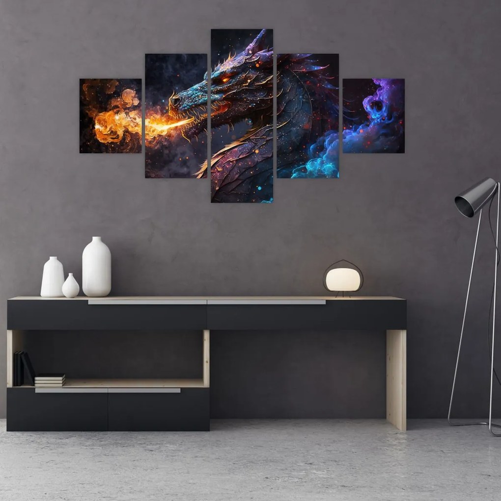 Obraz - Smok plujący płomieniami (125x70 cm)