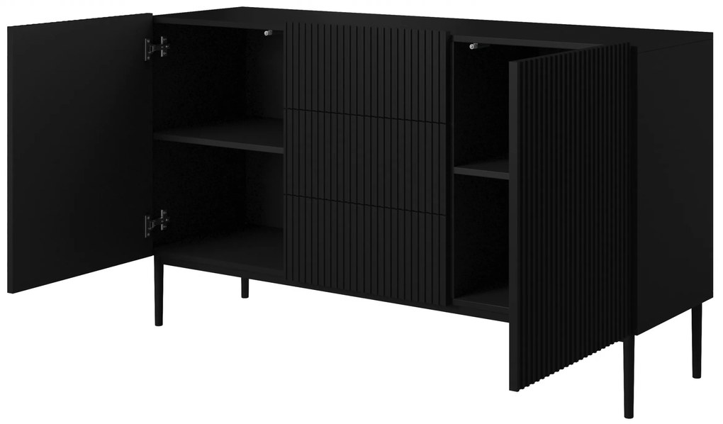 Komoda Nicole 150 cm z szufladami i półkami - czarny mat / czarne nóżki