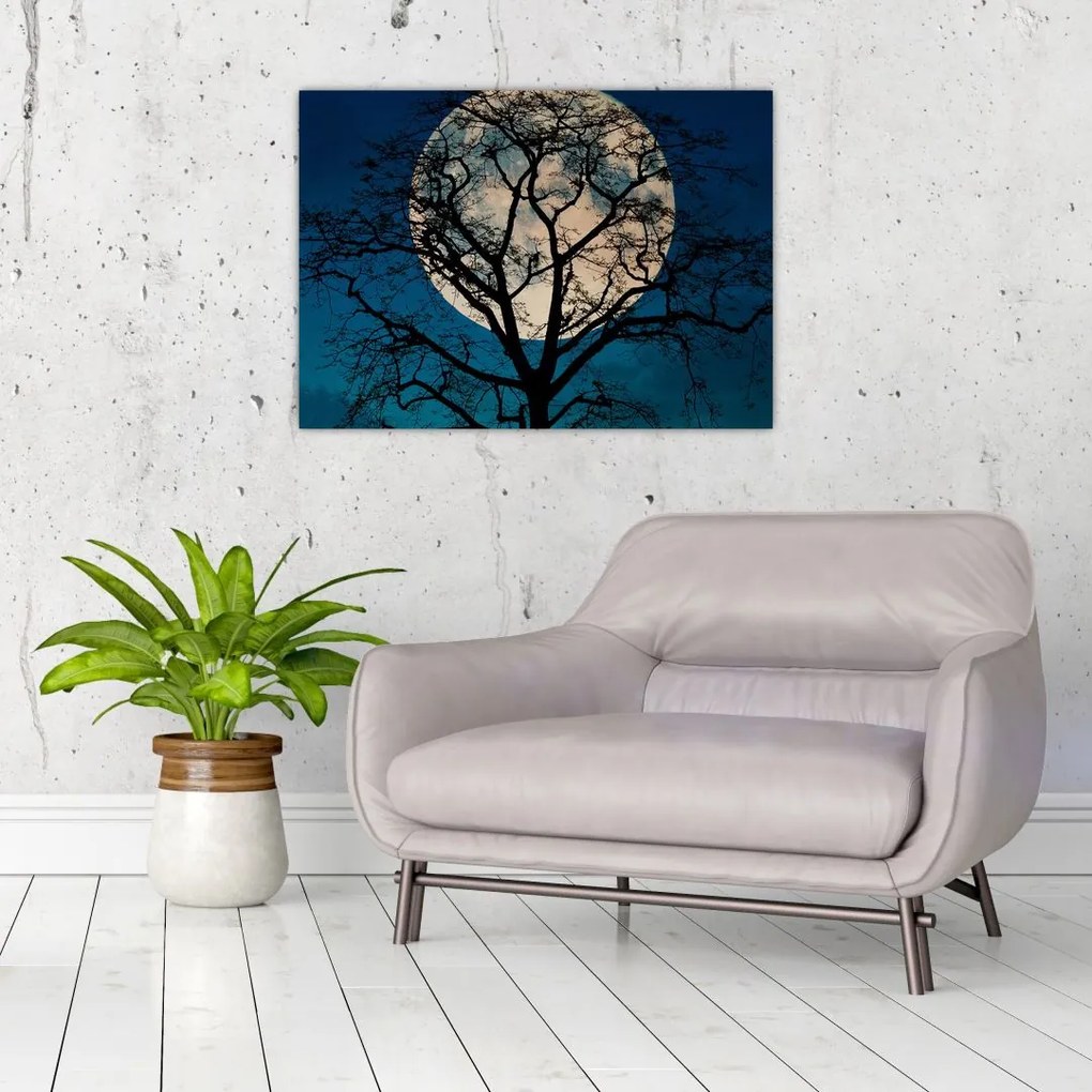 Obraz na szkle drzewa z pełnią księżyca (70x50 cm)