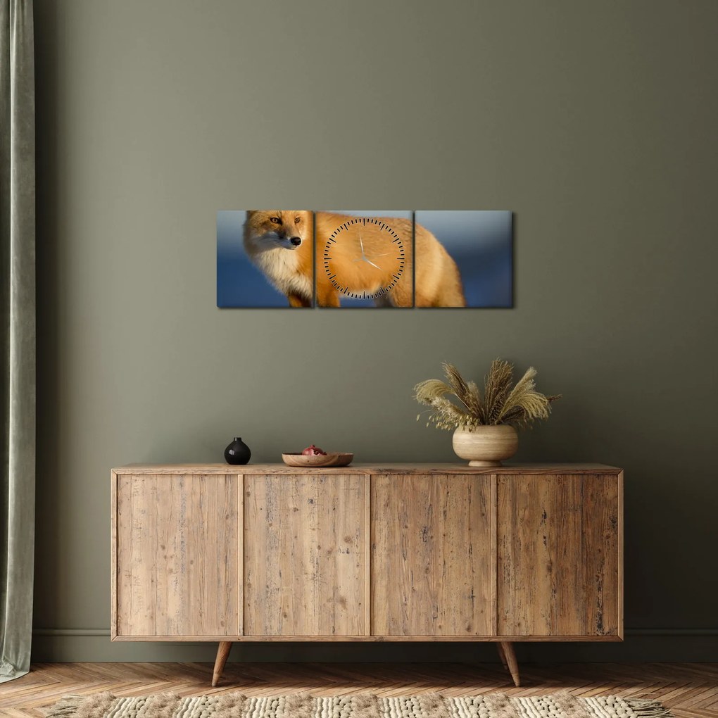 Obraz - Lis na śniegu (z zegarem) (90x30 cm)