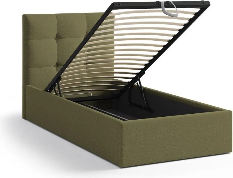 Zielone tapicerowane łóżko jednoosobowe ze schowkiem i stelażem 90x200 cm Phaedra – Micadoni