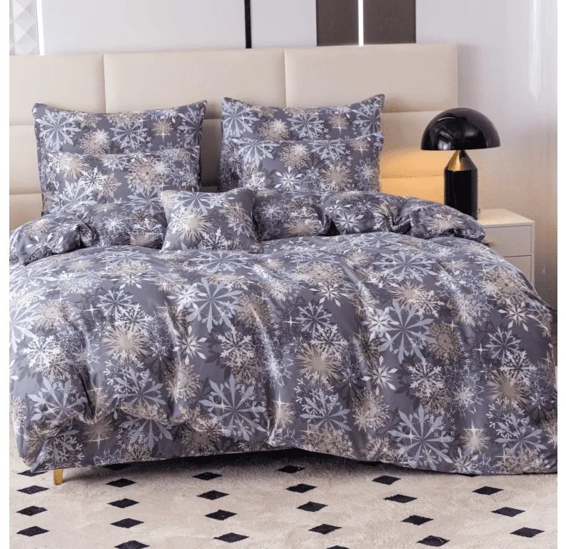 PrzytulneMieszkanie.pl PrzytulneMieszkanie.pl PrzytulneMieszkanie.pl Zestaw 2szt. pościeli z mikrofibry SNOWFLAKE niebiesko-szare + prześcieradło Jersey 180x200cm białe, podwójne łóżko