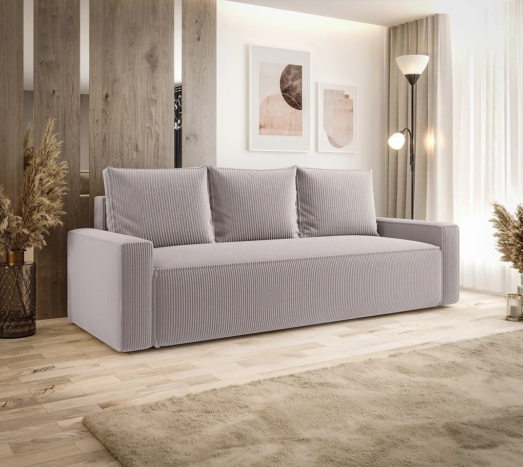 Jasnobeżowa sofa rozkładana z pojemnikiem E2-S88
