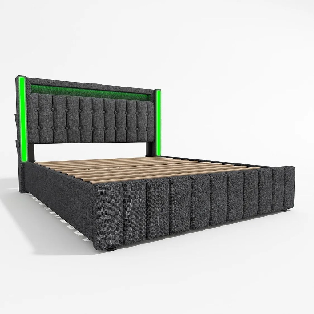 Łóżko podwójne 160x200 cm, len szary, Łóżko dla dorosłych z ładowaniem USB i diodą LED, 4 szuflady, bez materaca