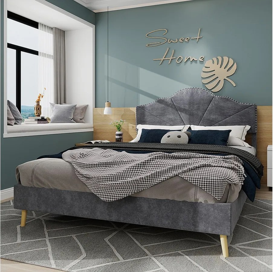 Łóżko dla dorosłych 140 x 200 cm - Łóżko dwuosobowe z miękkim zagłówkiem i drewnianymi nogami - szary aksamit holenderski