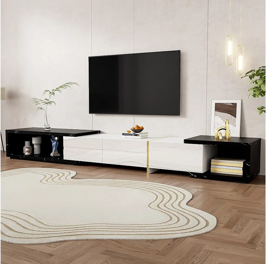 Rozsuwana i obrotowa szafka pod TV z 3 drzwiami - 140/260 x 40 x 30 cm - Efekt marmuru - MDF - Czarny + biały
