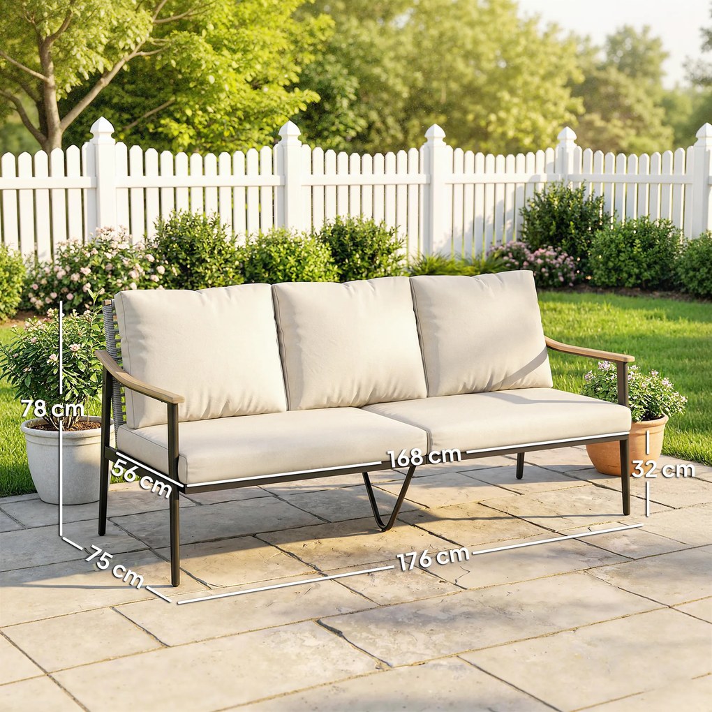 Outsunny Trzyosobowa sofa ogrodowa z rattanu z wyjmowanymi poduszkami, podłokietnikami w kolorze drewna, stalową ramą, khaki | Aosom PL