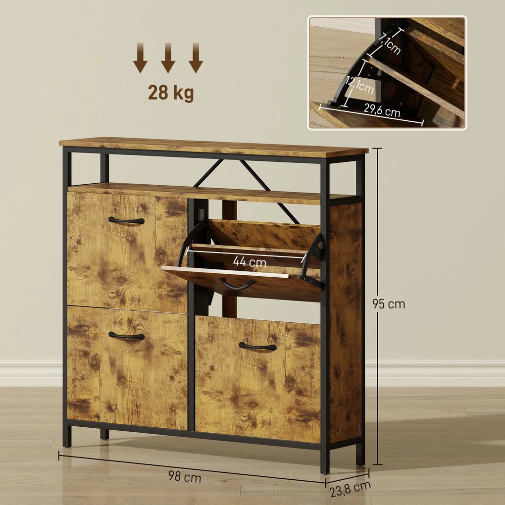 HOMCOM Szafka na buty z 4 składanymi szufladami, smukły design, otwarta półka, dla 12-20 par butów, stal, brązowy