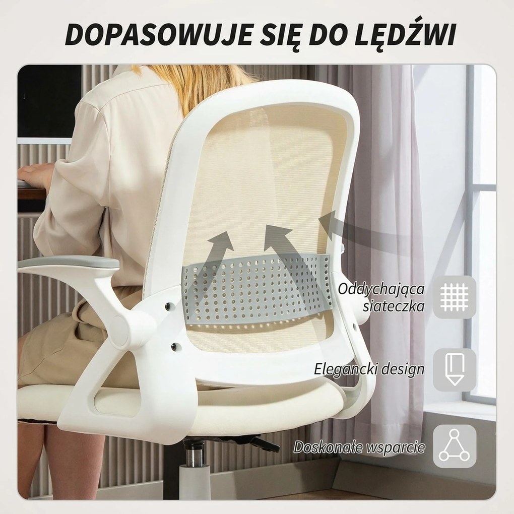 HOMCOM Oddychające siatkowe krzesło biurowe, ergonomiczne krzesło obrotowe z podnoszonymi podłokietnikami i podparciem lędźwiowym, białe | Aosom PL