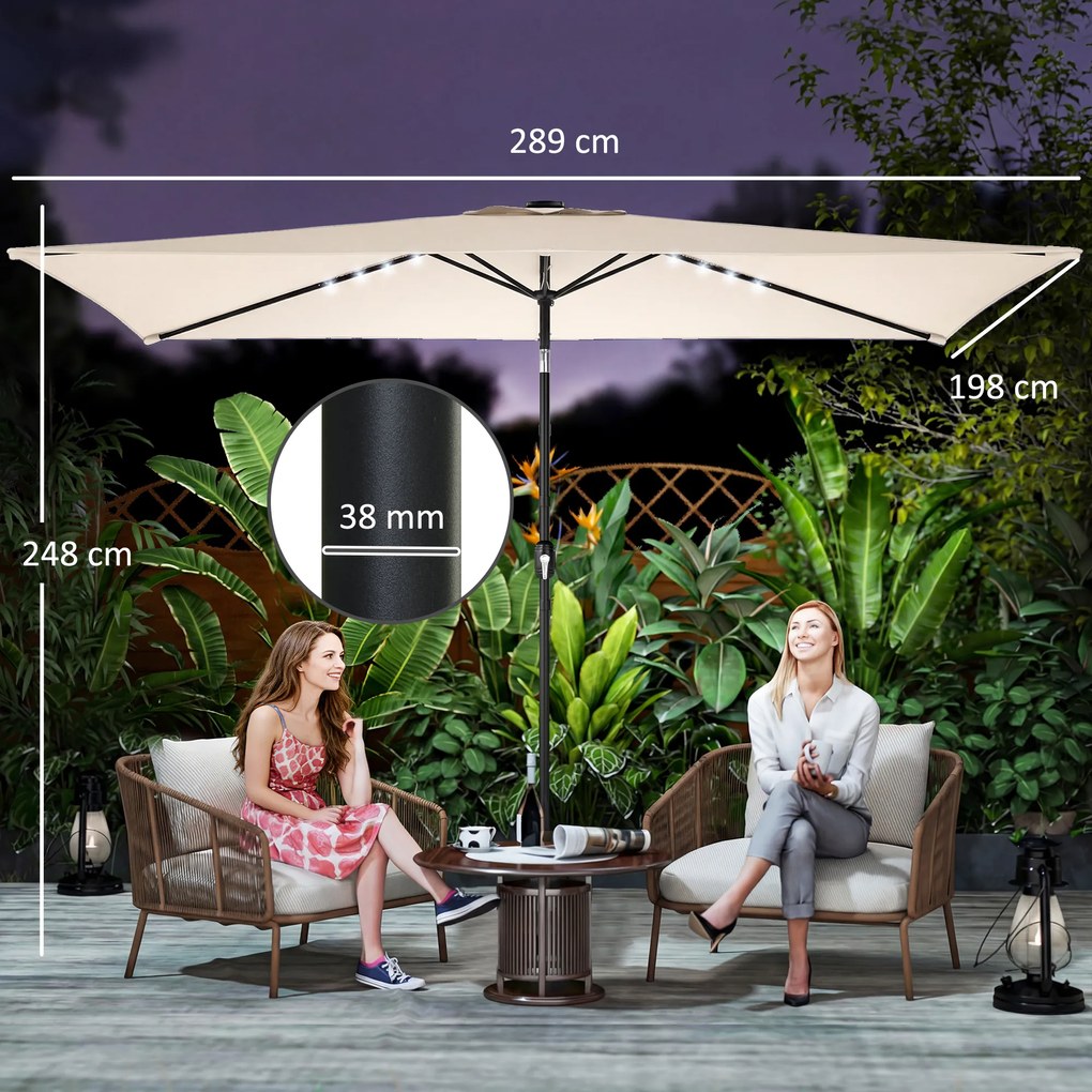Outsunny Parasol LED Solarny ok. 300 x 200 cm regulowany Parasol Balkonowy z Korbką Pokrowiec UV Ochrona Obracany Kremowy | Aosom PL