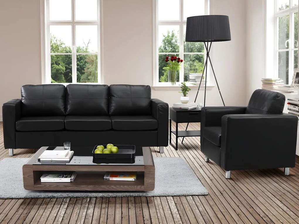 Komplet wypoczynkowy 3+1 z ekoskóry ACKLEY - Czarny