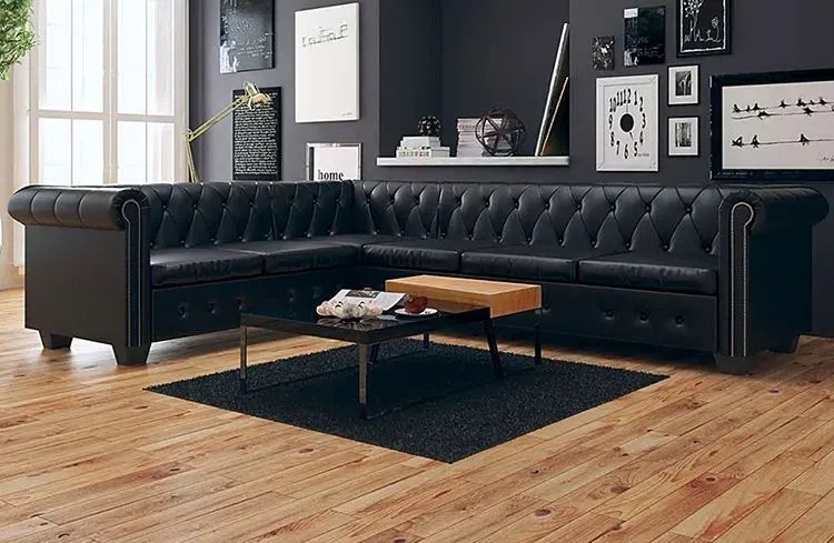 Czarny 6-osobowy narożnik w stylu chesterfield R4-R22