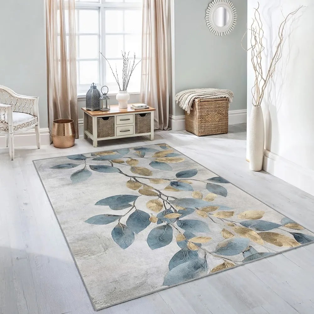 Chodnik w jasnoniebiesko-złotym kolorze odpowiedni do prania 80x200 cm Golden Leaves – Mila Home
