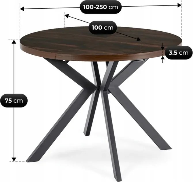 Stół Okrągły Rozkładany LUKAS 100-250 cm Orzech/Czarny Loft