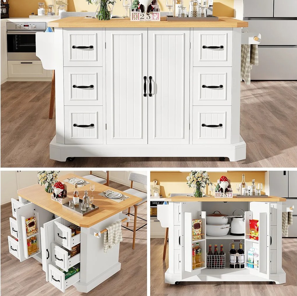 Mobilna wyspa kuchenna ze składanym stołem - 120 x 45/75 cm x 91 cm - z 2 drzwiami + 6 szufladami - MDF - biała