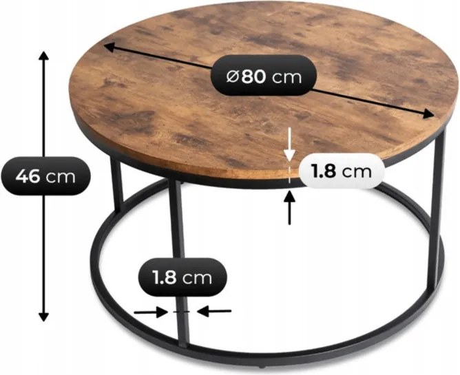 Stolik Kawowy TIM MAX 80 cm Dąb Rustykalny Nowoczesny Loft