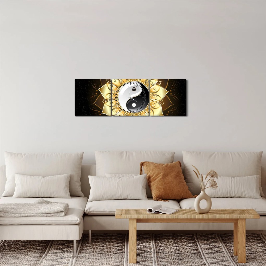 Obraz - Złoty Yin-Yang (z zegarem) (90x30 cm)