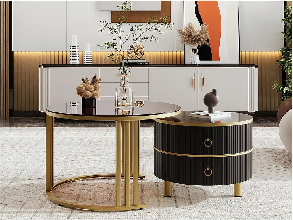 Zestaw 2 stolików kawowych z 2 szufladami - blaty ze szkła hartowanego brązowe - czarne