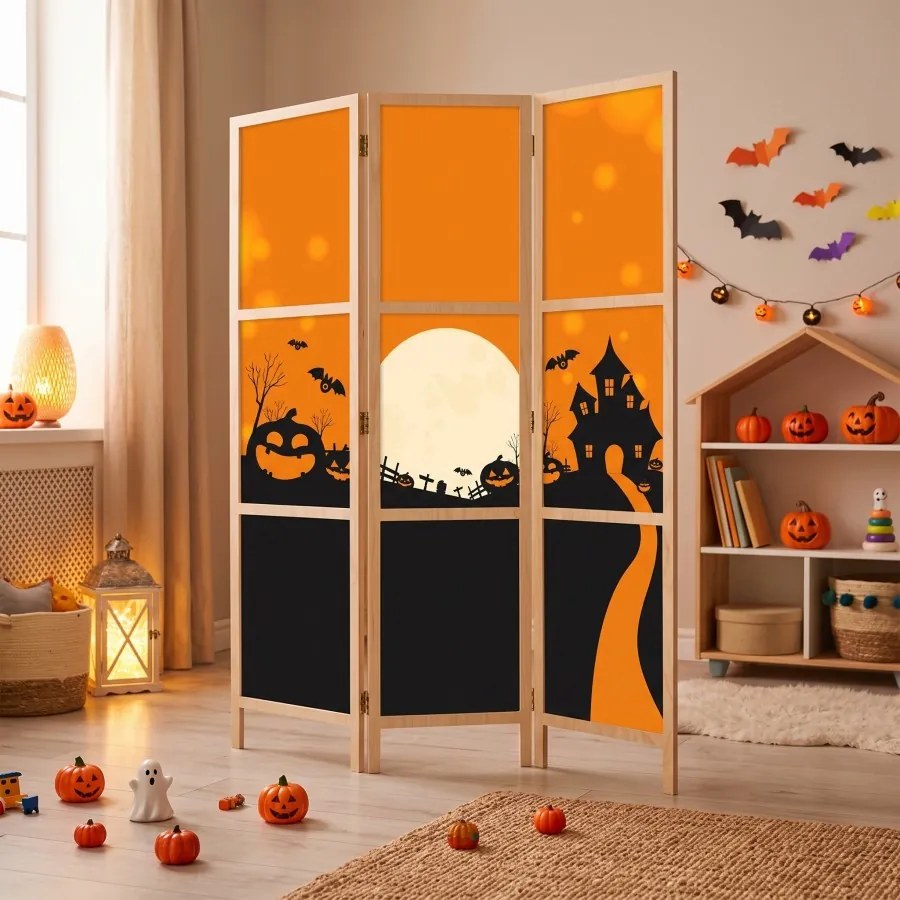 Parawan pokojowy 3-częściowy 135x172 drewniany japoński Jednostronny dekoracyjny bajkowy halloween Wielokolorowy
