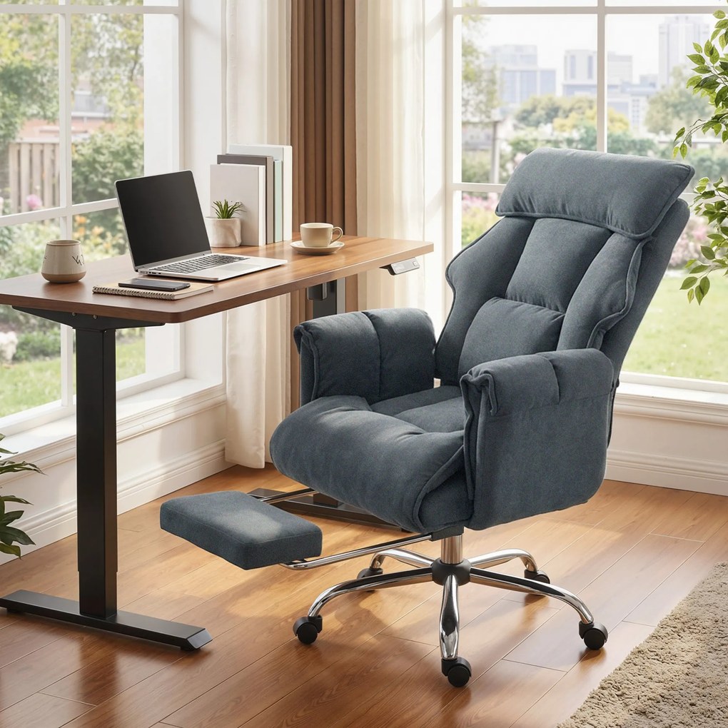 HOMCOM Fotel biurowy regulowany obrotowy z podparciem lędźwiowym, podnóżkiem, flanelą śnieżną, 80 x 80 x 106-114 cm, ciemnoszary | Aosom PL