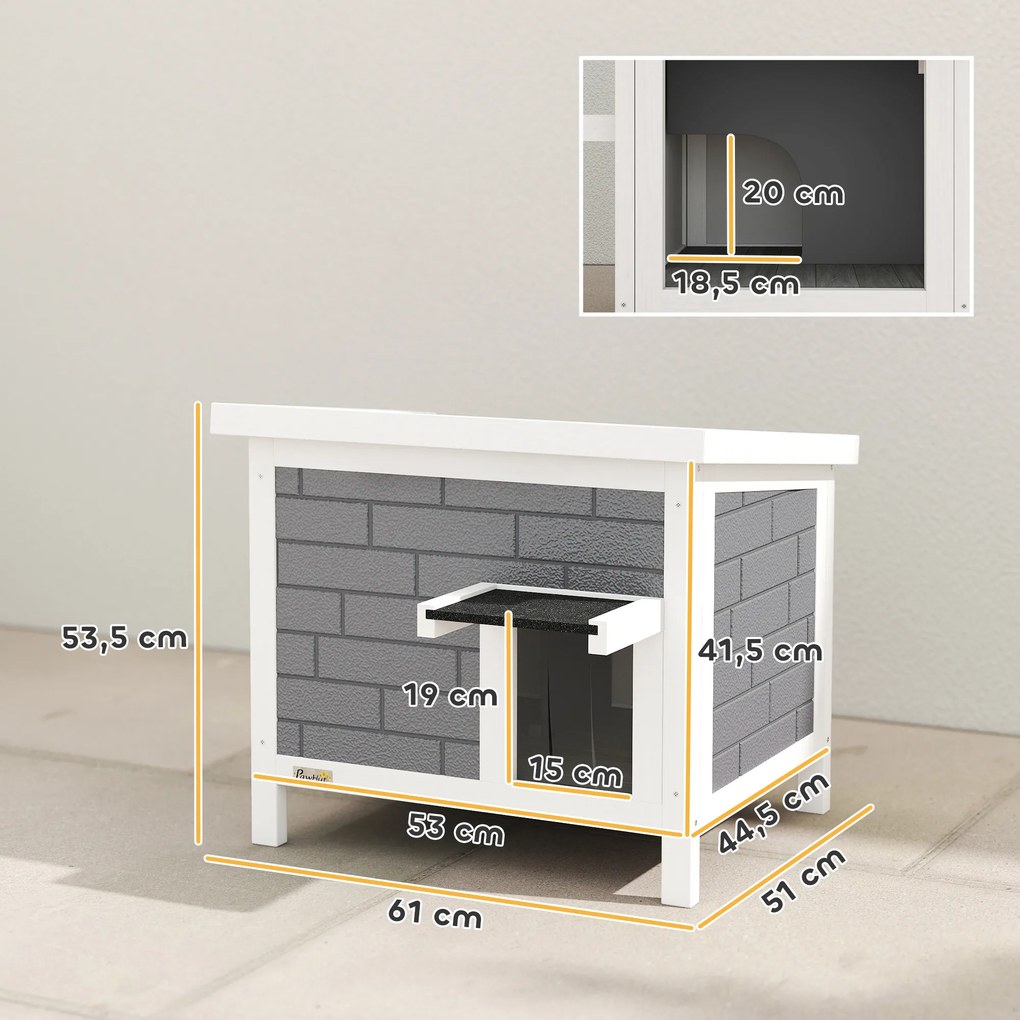 PawHut Domek dla kota Wodoodporny domek drewniany z uchylnym dachem Aluminiowe płyty izolacyjne Dach z asfaltu 61x51x53,5 cm | Aosom PL