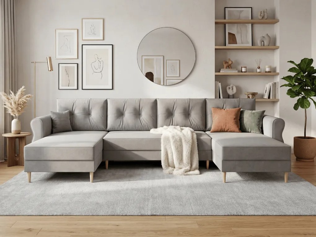 PROMOCJA Rozkładany narożnik w kształcie U SILVIANO 300x140 cm, szary + 2 poduszki GRATIS II. jakość