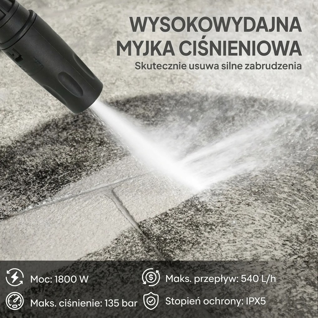 Outsunny Myjka Ciśnieniowa z Aluminiową Pompą 135 bar, 1800 W, 540 L/h, 5 m Wąż, Regulowana Dysza i Uchwyt | Aosom PL