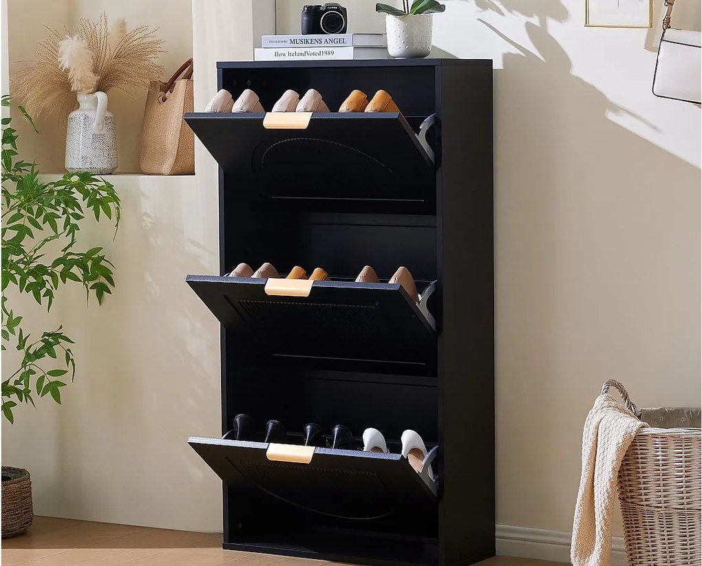 Nowoczesna szafa na buty 60x24x114 cm - z 3 drzwiczkami uchylnymi - Czarny