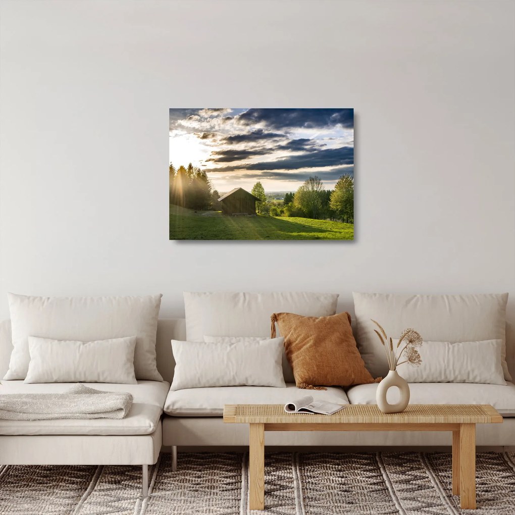 Obraz na szkle - domek na łące (70x50 cm)