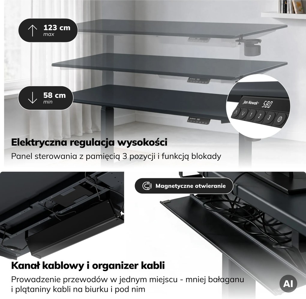 Biurko elektryczne z regulacją wysokości ergonomiczne antracytowe,1600x800 mm: ARIA