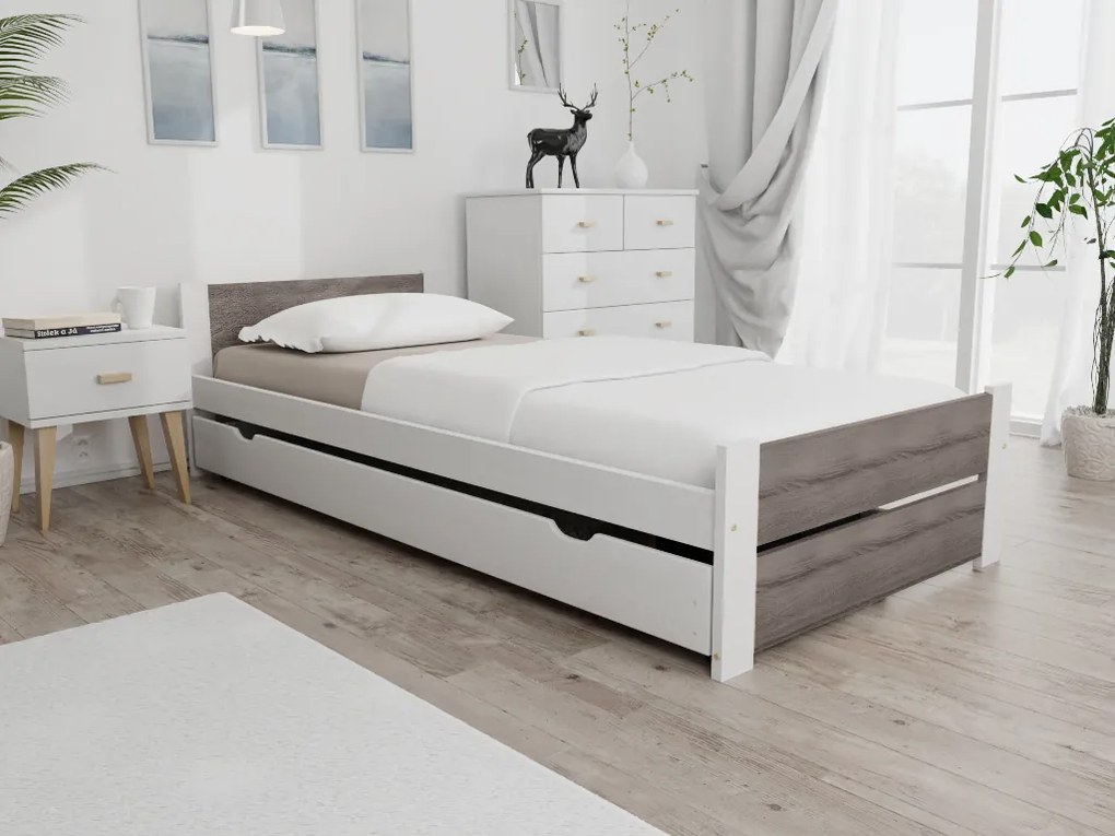 Łóżko IKAROS DOUBLE 90 x 200 cm, biały/dąb truflowy Stelaż: Ze stelażem listwowym elastycznym, Materac: Materac Coco Maxi 20 cm