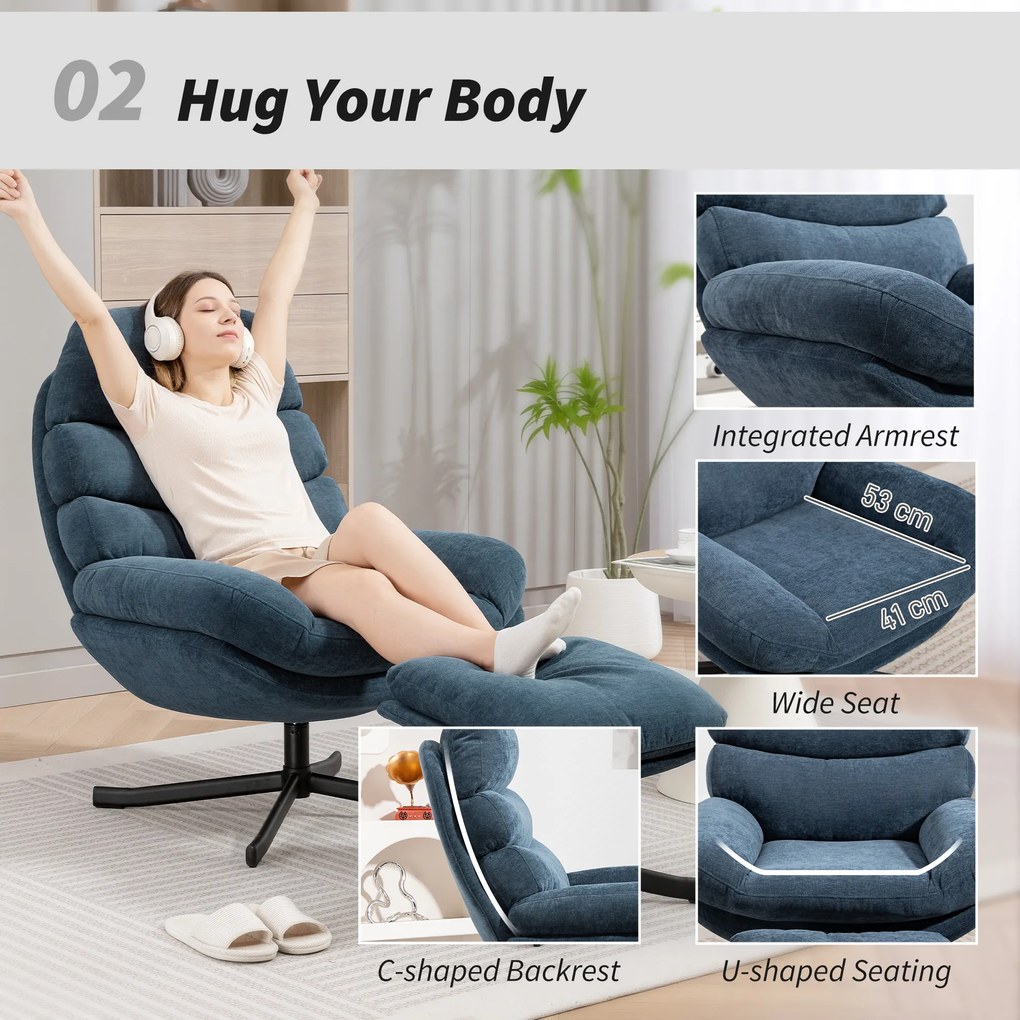 HOMCOM Fotel relaksacyjny z podnóżkiem, lounge z tkaniny chenille, nowoczesny fotel do oglądania TV, 78 x 93 x 100 cm, niebieski