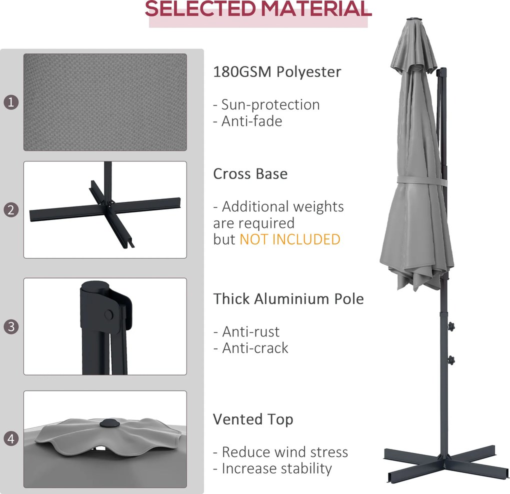Outsunny Parasol Ogrodowy 3m Korba Regulowany Obrotowy Metal Ciemnoszary | Aosom PL