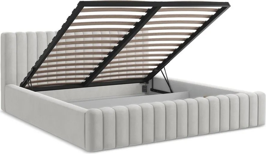 Tapicerowane łóżko dwuosobowe ze schowkiem ze stelażem 160x200 cm w kolorze srebra Lemi – Makamii